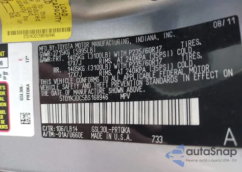 2011 Toyota Sienna Xle V6 z USA, uszkodzony, nr VIN 5TDYK3DC5BS168946